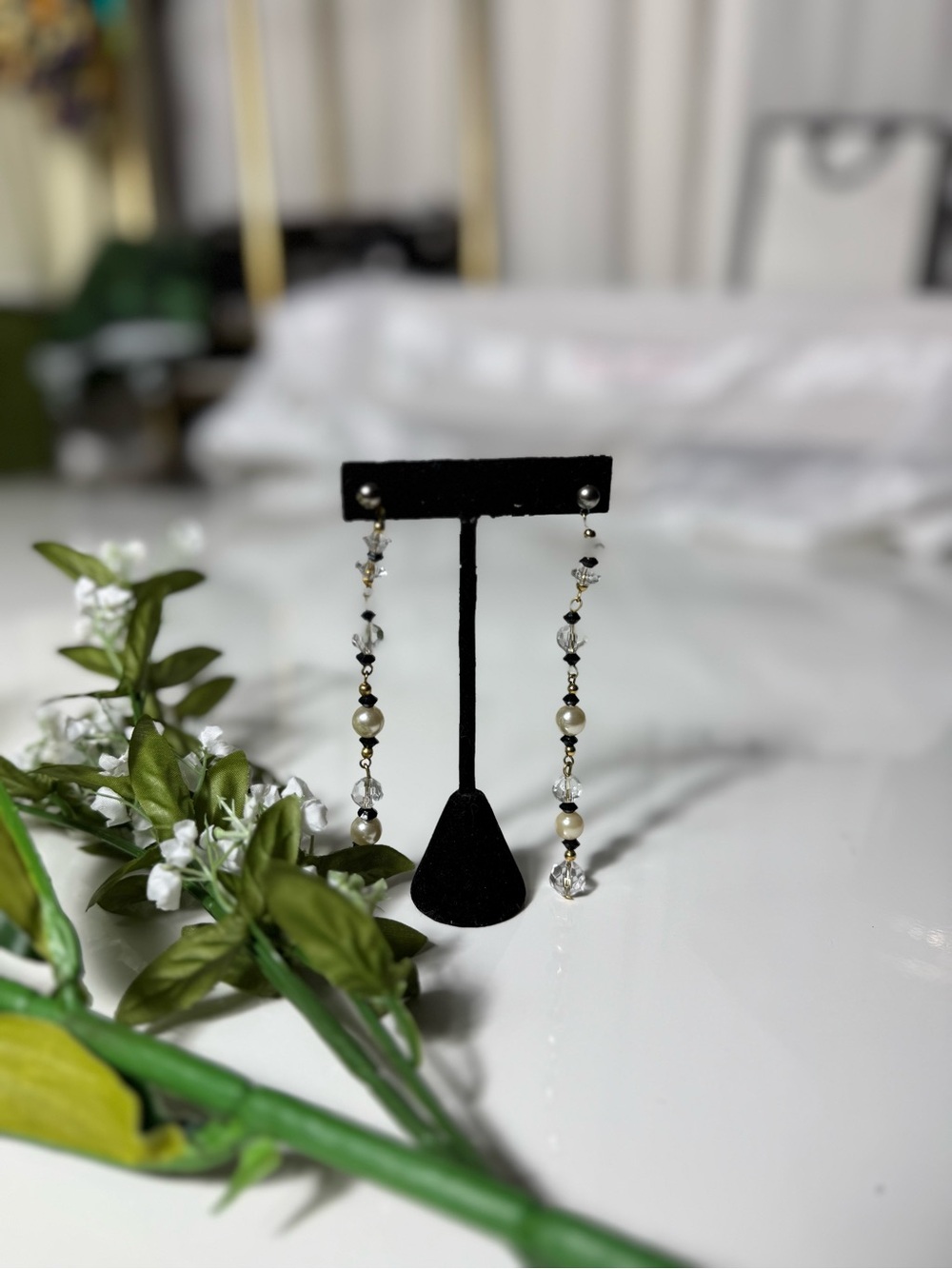 Vintage Estate Crystal and extra long Pearl Drop Earrings - White and Gold drama